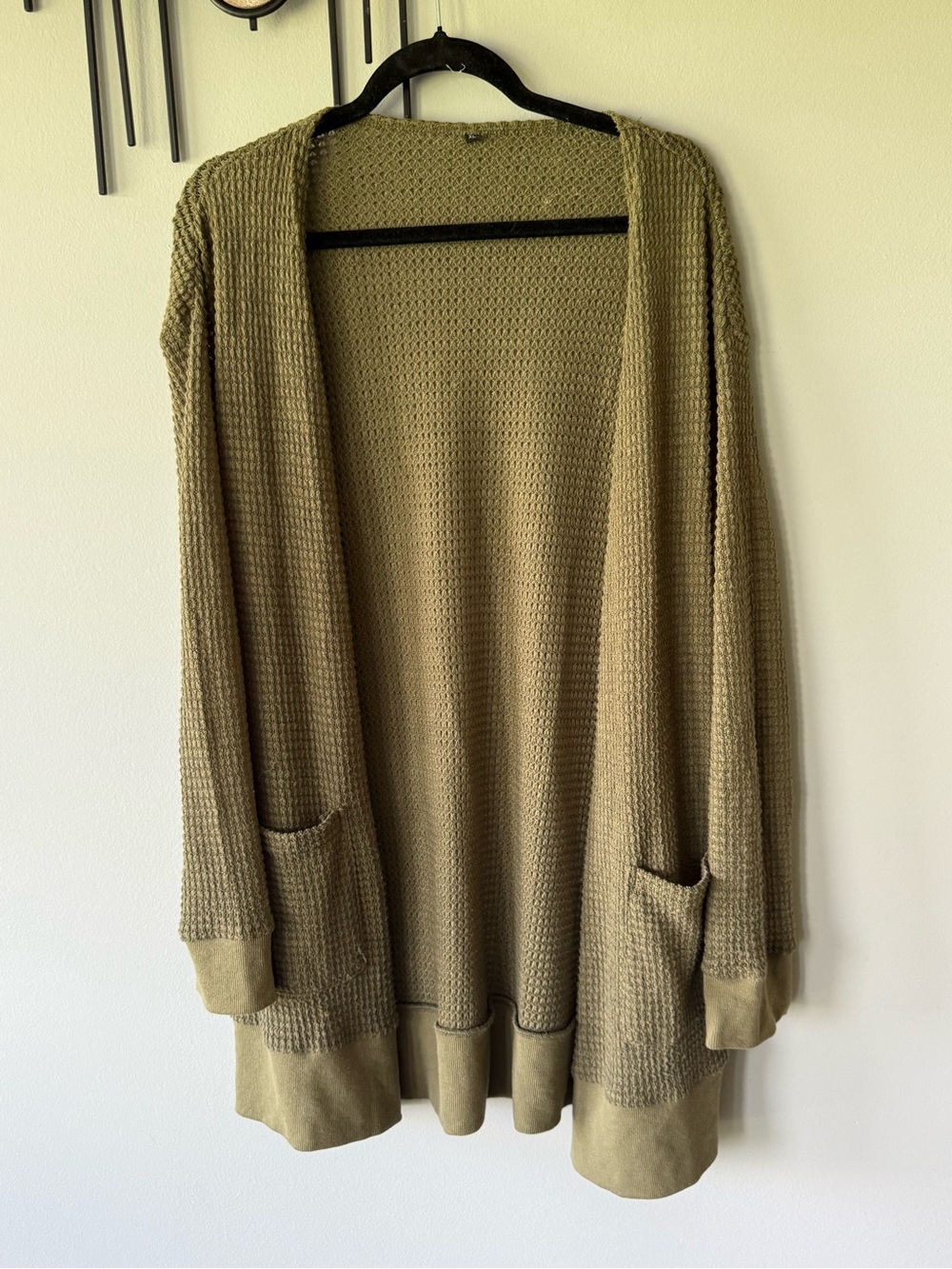 Source Unknown Olive Green Waffle-Knit Open Cardigan